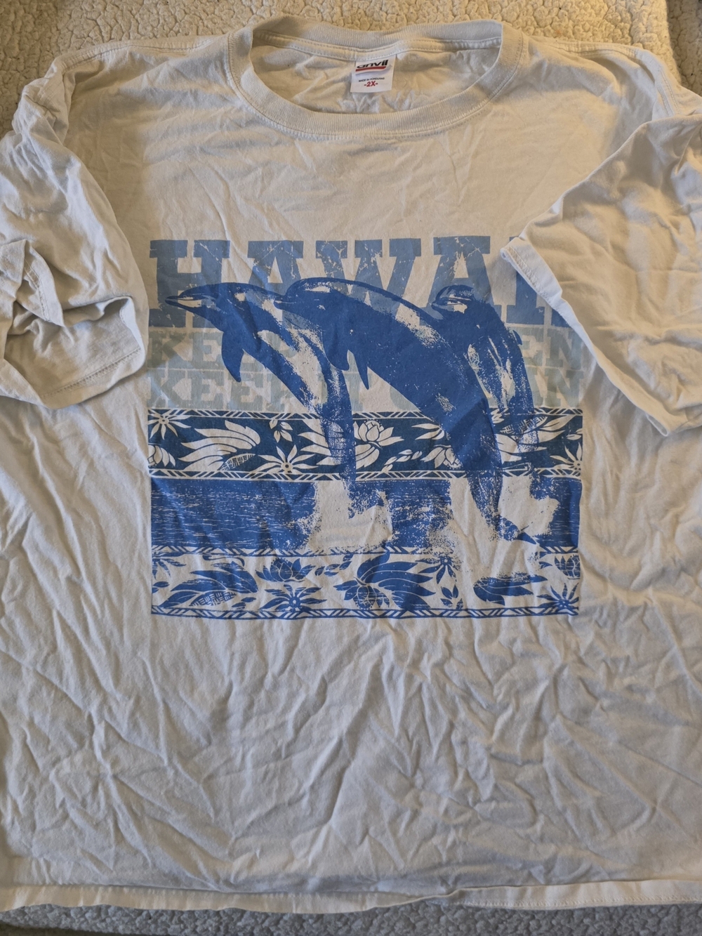 Anvil White Short Sleeve Tee with Blue Hawaii Dolphin Graphic